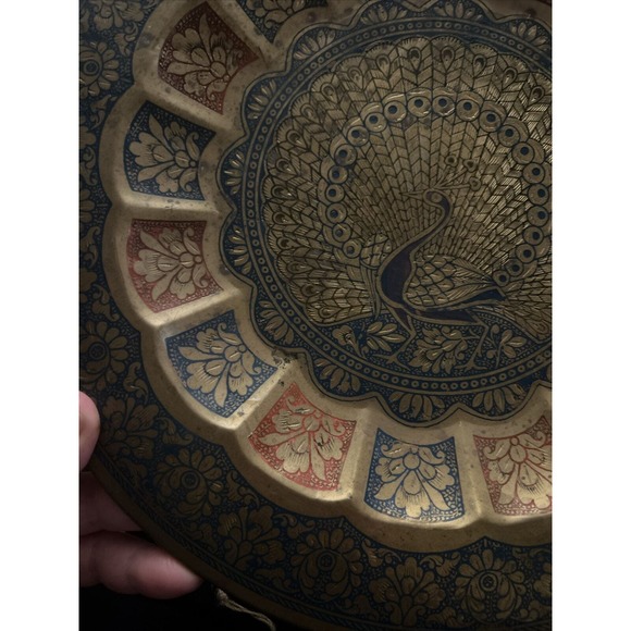 Vintage Brass Peacock Plate Metal Tray Enameled Etched Wall Hanging Decorative - Picture 8 of 11